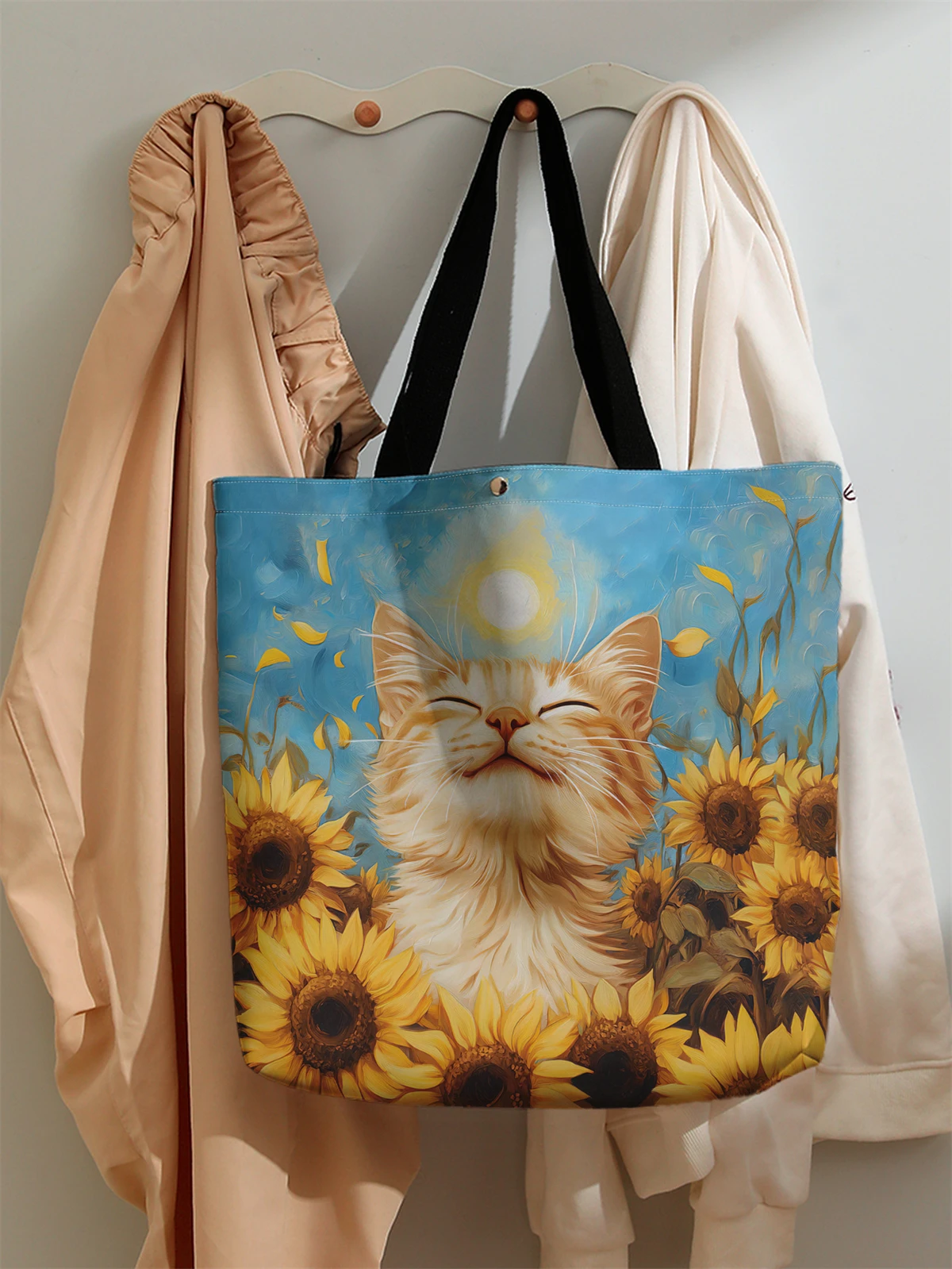1pc，Cute cat pattern handbag, reusable fashionable handbag, multifunctional handbag, printed canvas shopping bag