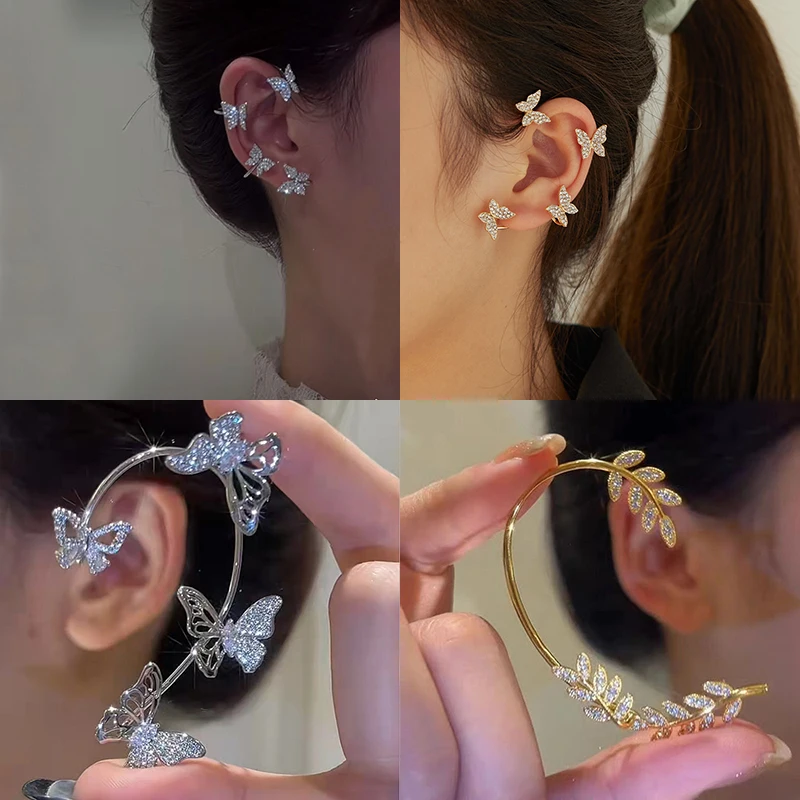 1 Piece Crystal Butterfly Ear Cuff Without Piercing For Women Sparkling Zircon Clip On Earrings