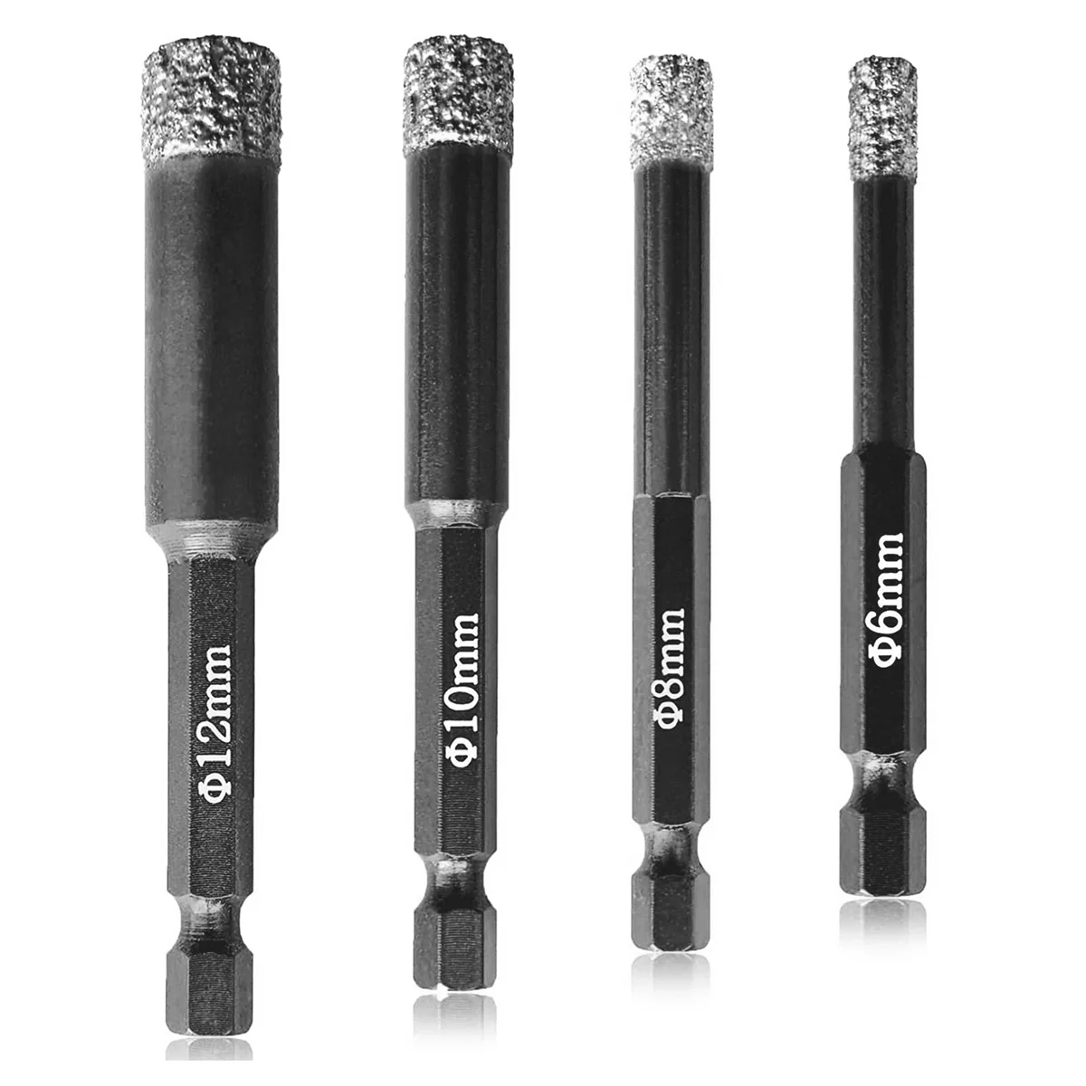 

Dry Diamond Drill Bits - 4Pcs - (6mm), (8mm), (10mm), (12mm) - Hex - Tile Drill Bits
