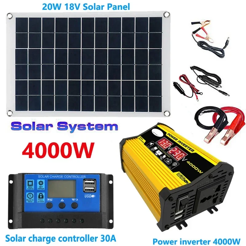 12V to 110V/220V 20W Solar Panel 30A Controller 4000W 6000W Inverter Solar Power System for Car Camping