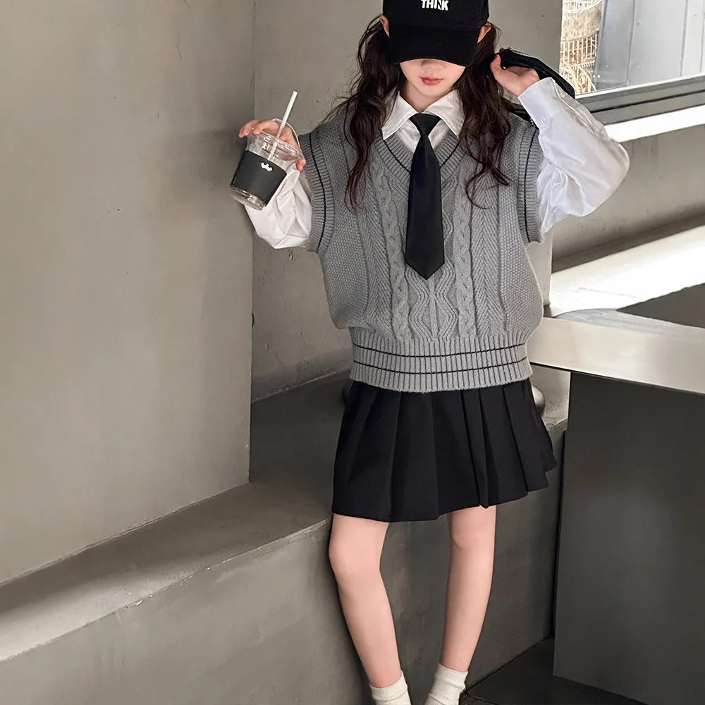 여아 세트 봄 가을 신상 셔츠 니트 조끼 플리츠 스커트 패셔너블한 서양식 캐주얼 데일리룩