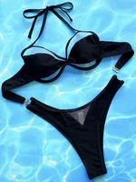 Halter Mesh Sheer Underwired V-Bar Bikini Women Swimwear Female Swimsuit Two-pieces Bikini Set High Cut Bathing Suit Swim Lady
