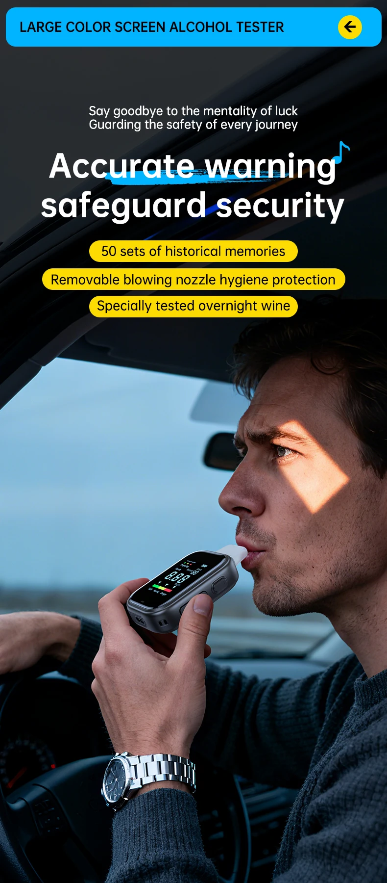 Digital Breath Alcohol Tester Portable Breathalyzer LCD Color Screen USB Recharg