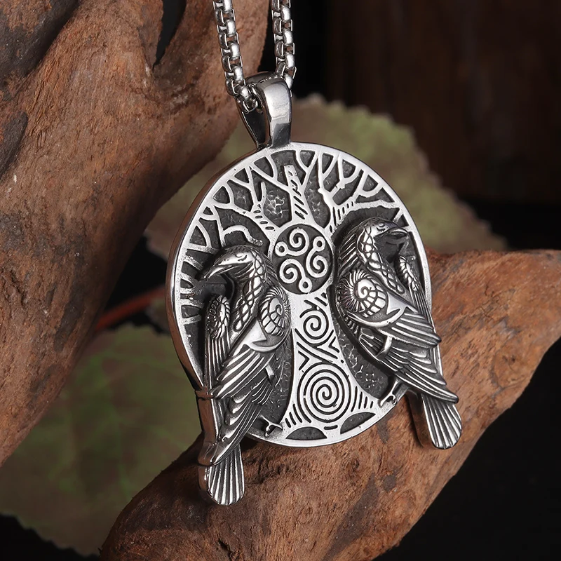 Vintage Nordic Raven Tree of Life Pendant Necklace Odin Huginn Muninn Necklace for Men Women Norwegian Amulet Jewelry Gift