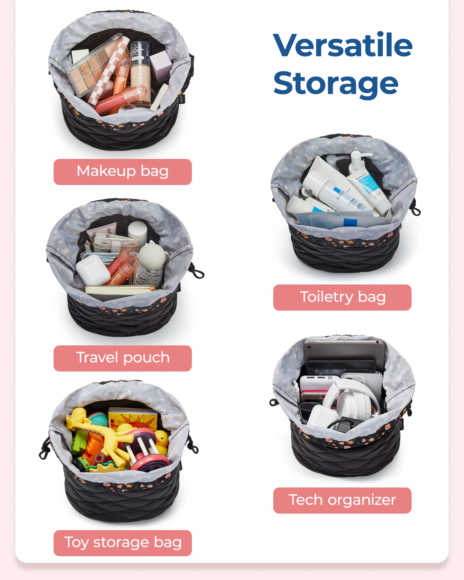 BAGSMART 드로스트링 화장품 가방, 보관 메이크업 가방, 정리함 파우치, 휴대용 방수 세면 용품 뷰티 케이스, 여성용 핸드백