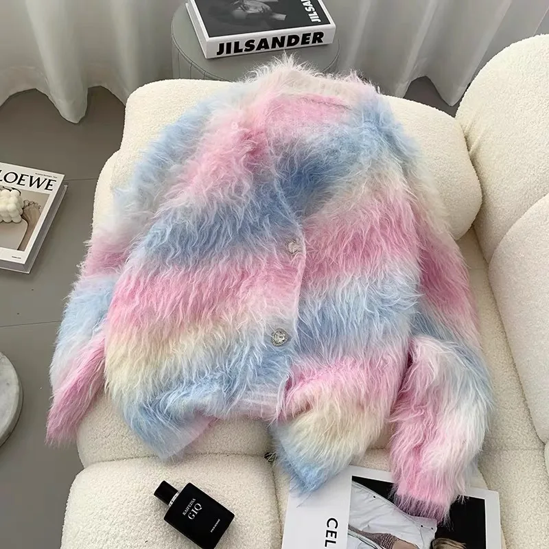 Arcobaleno Sfumato Colore A Righe Visone Cashmere Maglione Cappotto Mohair Cardigan Lavorato A Maglia Diamanti Bottoni Autunno Inverno Maglieria Top