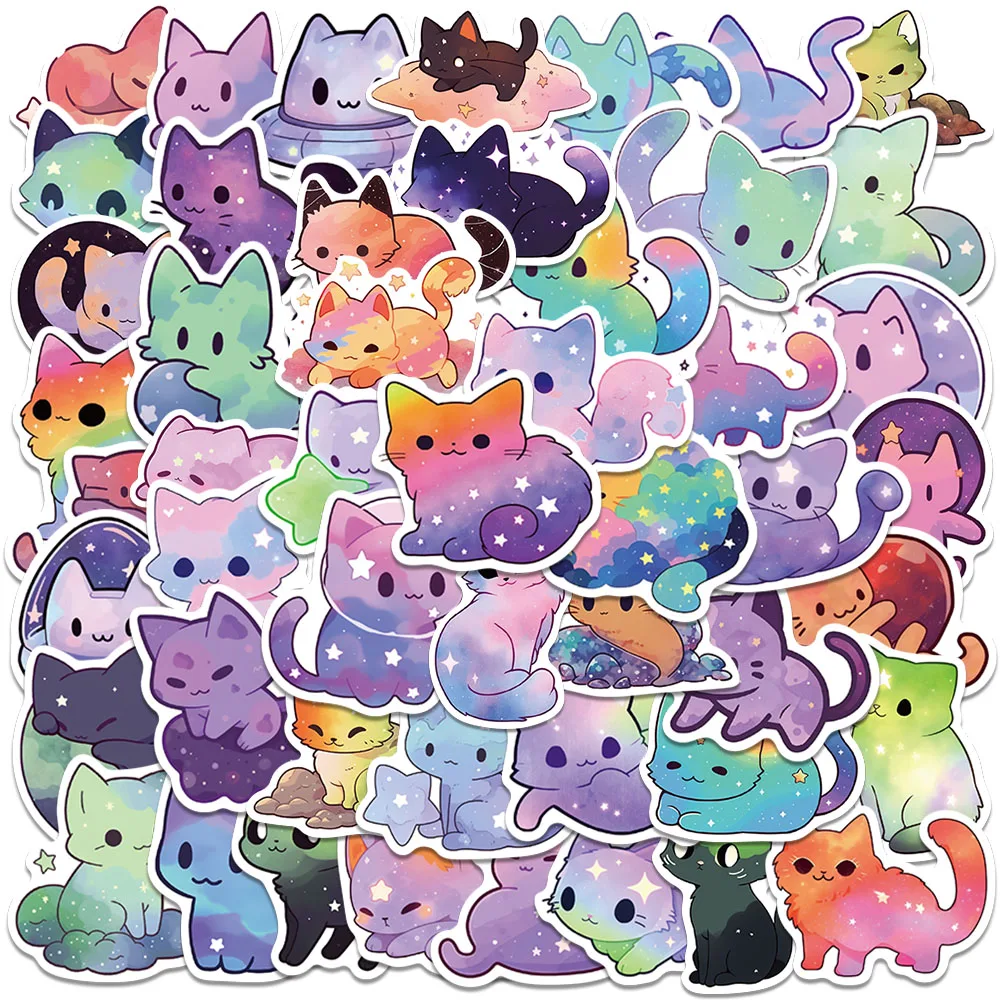 50pcs Vinyl Laptop Decals Kawaii Cartoon Starry Sky Cats Stickers For Laptop Water Bottle Luggage Dairy Waterproof Graffiti