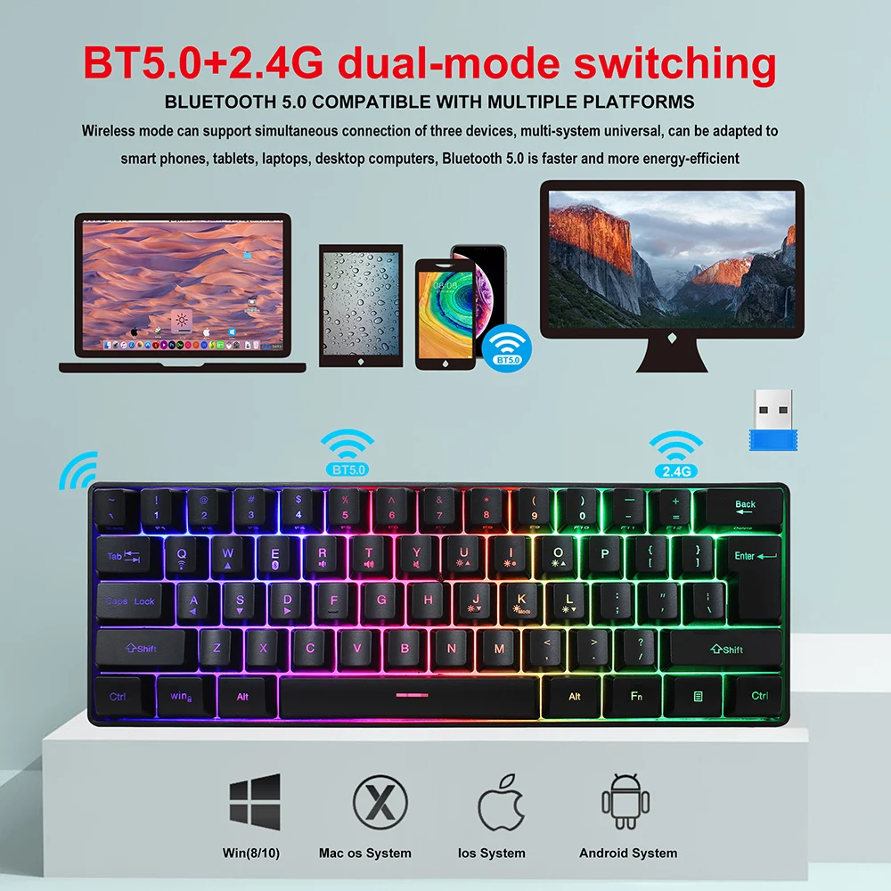 Mini Teclado para Jogos com 61 Teclas Teclado sem Fio para Jogos com Bluetooth 2.4ghz Modo Duplo de Membrana Rgb Gk61 - Imagem 6