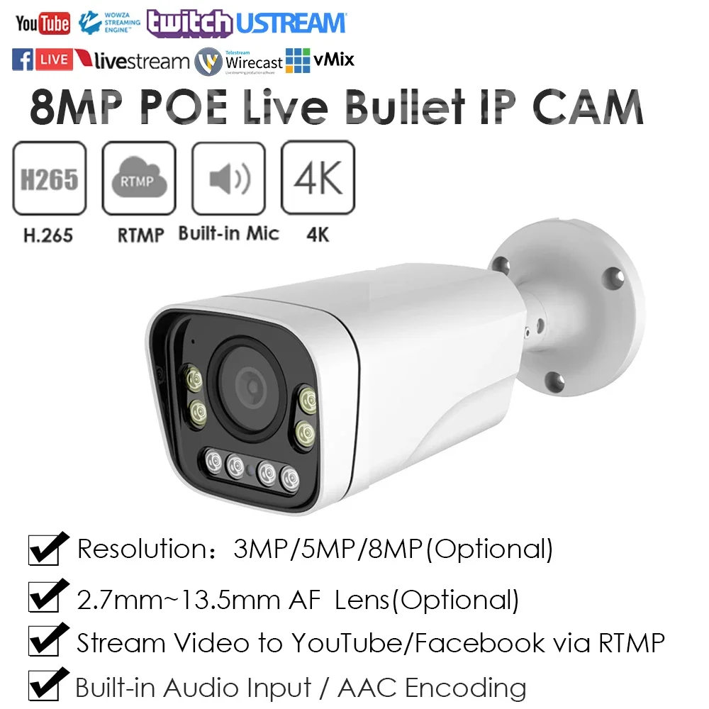 4K 8MP IMX415 POE RTMP IP Camera Live Streaming Full Color Push Video To YouTube/Facebook/Vimeo Onvif Outdoor Indoor Auto Focus luxvisage тушь perfect color push up effect