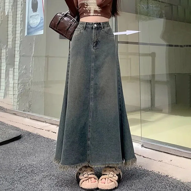 

Fur Edge Old Denim Skirt Women's New Spring Summer Vintage Loose High Waist Medium Long Fishtail Skirt A- Line Long Skirts