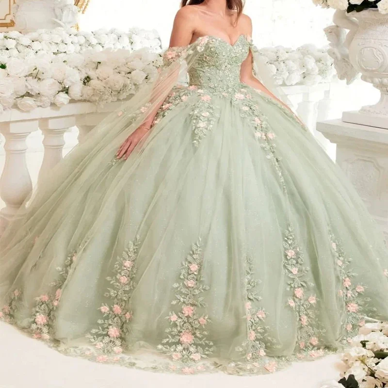 ANGELSBRIDEP Sage Green 3D Flowers Applique Lace Princess Quinceanera Dresses With Cape Ball Gown Tulle Sweet 16 Dress Vestidos