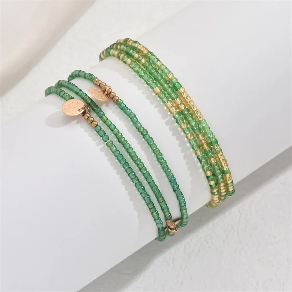2pcs/Set Green Small Rice Beads Anklets For Women Gold Color Round Disk Foot Chain Ankle Bracelet Beach Jewelry Summer Accessory