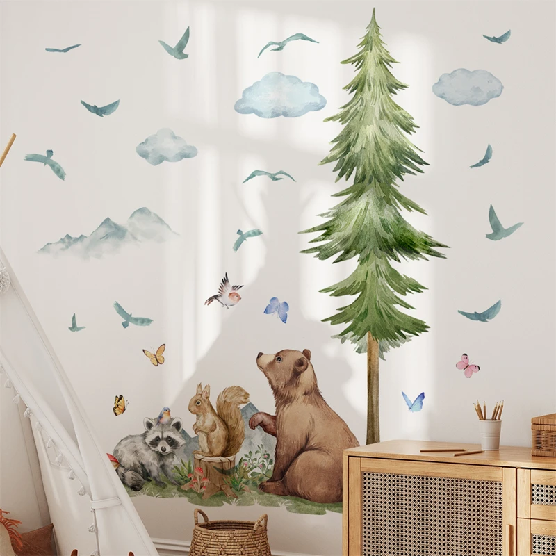 Wall Stickers Vinyl Decal Stickers Cartoon Forest Animal Bear Pine Tree Wall Stickers for Kids Room Baby Living Room Bedroom Decoration Woodland Deer Wall Decal