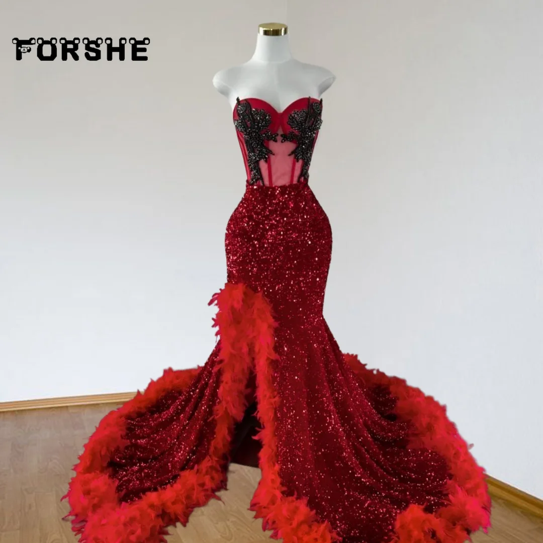 

Sparkly Red Prom Dresses For Black Girls Diamond Feathers High Slit Party Gowns Long Sequin Robes De Soirée
