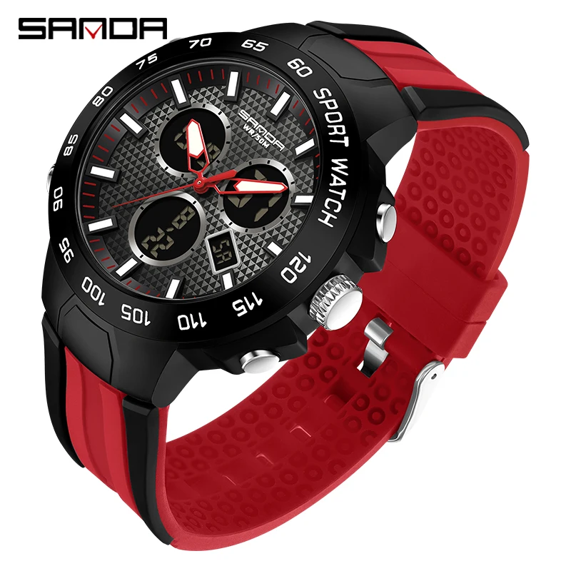 SANDA Top Luxury Brand Men's Watch Outdoor Sports Waterproof Watches Dual Time Display Quartz Wristwatches Rubber Digital Clock