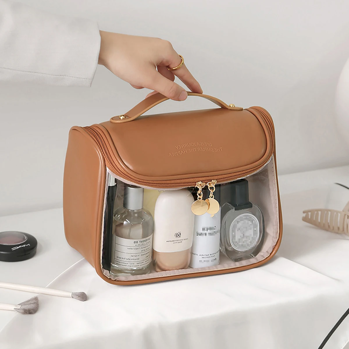 Transparent PU Cosmetic Bag with Hook Waterproof Travel Washbag Large Makepouch 4