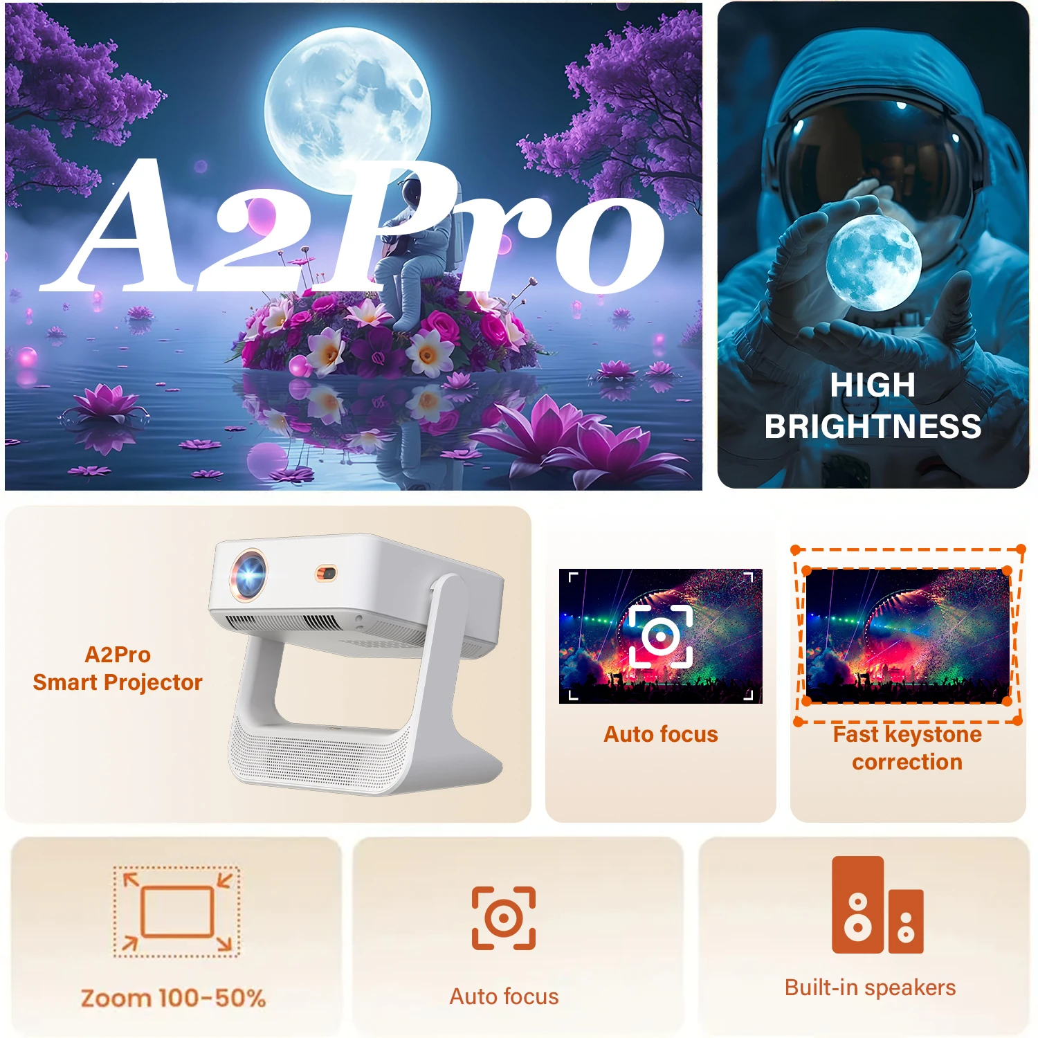 XBJ A2Pro Proiettore Intelligente Touch Screen – Full HD 1080p, 400 ANSI Lumen, WiFi 6, Auto Focus E Keystone, Altoparlanti Stereo - 2