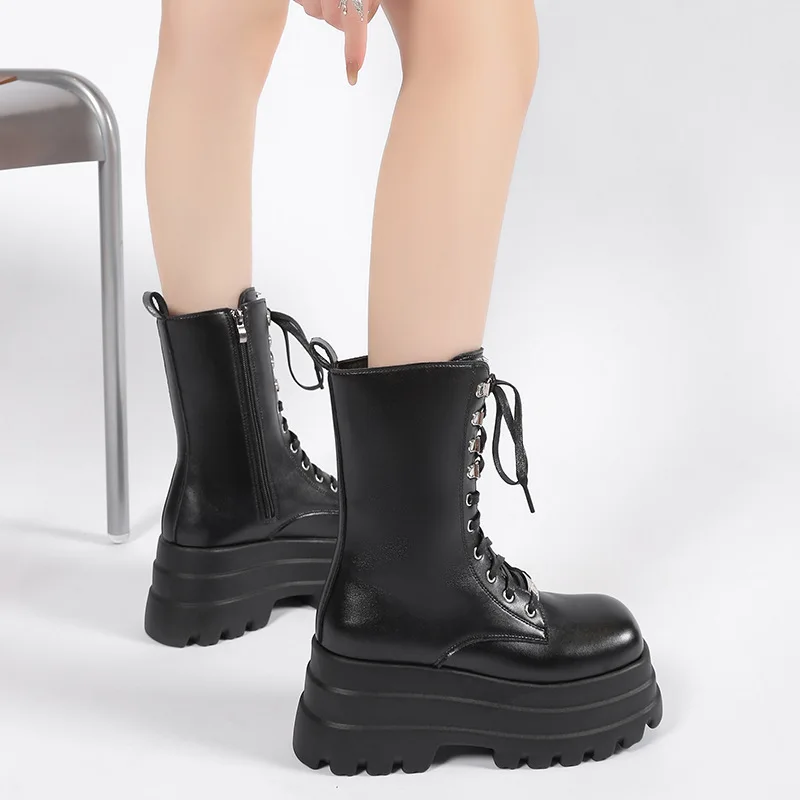 Women Chunky Ankle Boots Platform Boots Fashion Women's 11cm Super High Wedge Shoes Woman Black