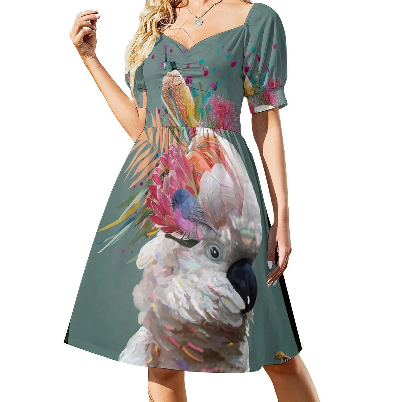 thumbnail image 1 of Vestido de manga corta con diseño abstracto de cacatúa australiana. Vestidos de noche para mujer. Vestidos de lujo para mujer., 1 of 7