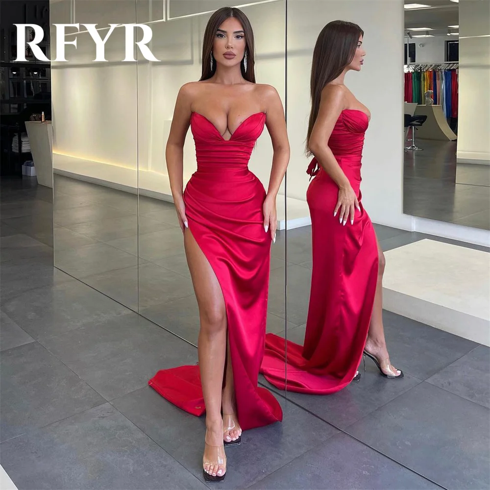 

RFYR Red Sexy Mermaid Evening Dress Off Shoulder V-Neck Side Slit Pleat Prom Dress Arabia Shiny Satin Party Gown robes de soirée