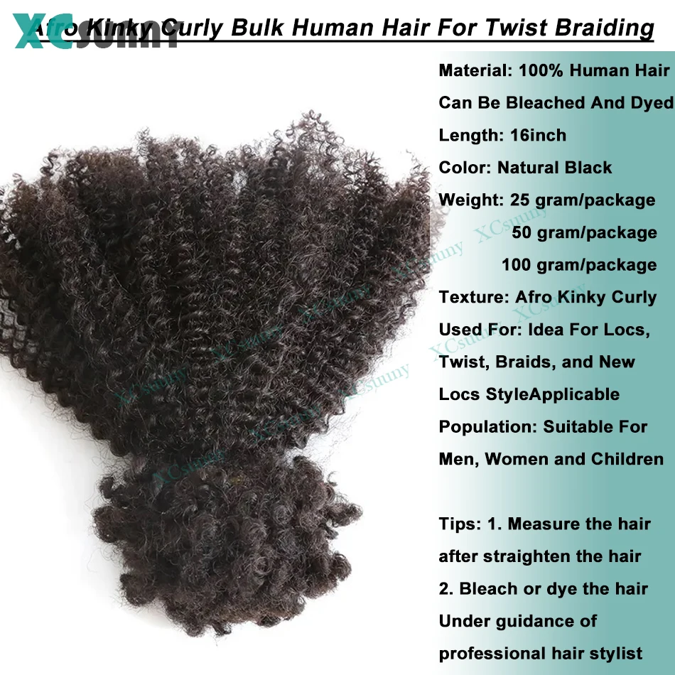 Human Hair Extensions Bulk Human Hair For Twist Afro Kinky Curly Bulk Human Hair For Braiding / Locs / Micro Twist Braiding Kinky