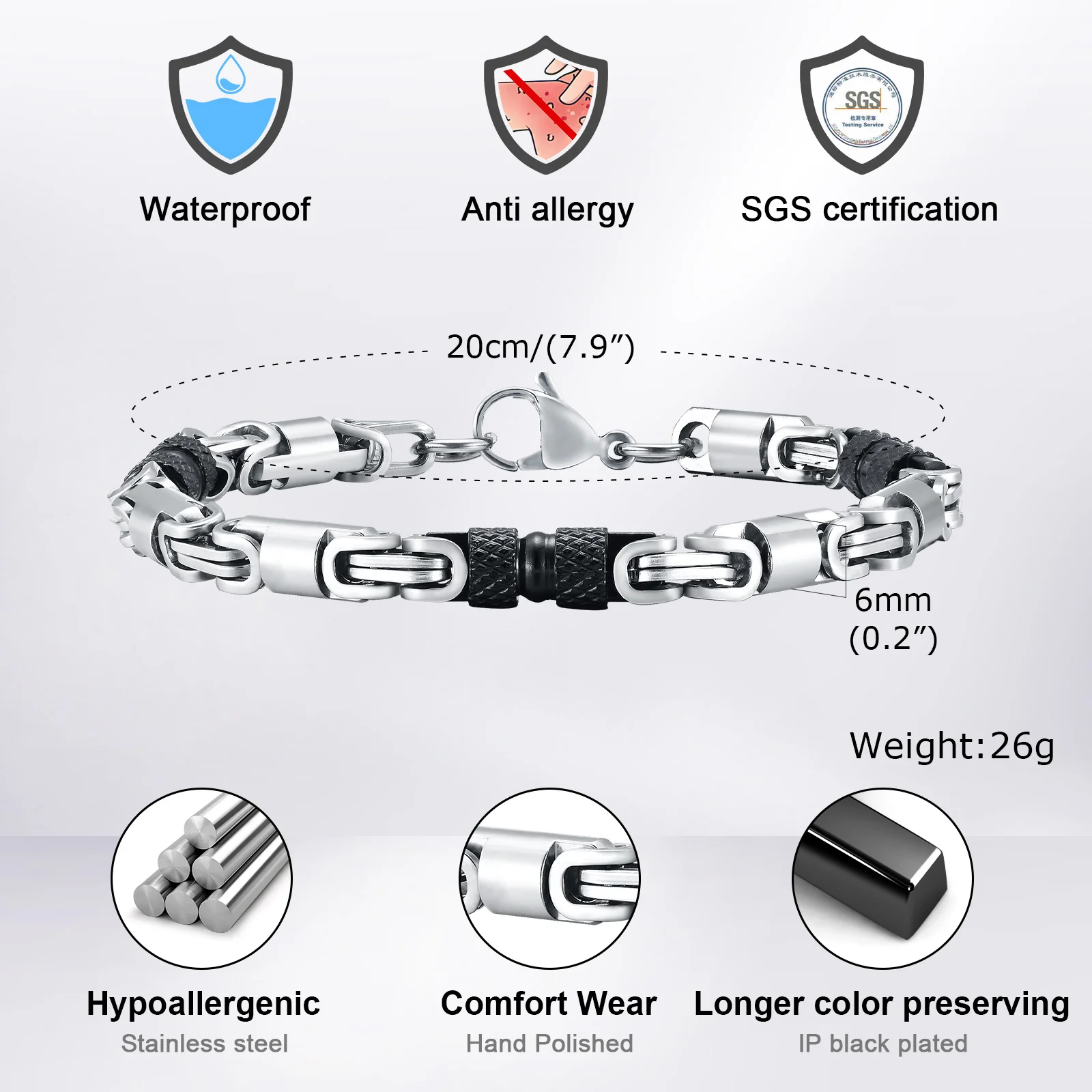 6mm Cool Byzantine Bracelets For Men Boys Black Silver Color Stainless Steel Link Chain Wristband Punk Rock Hiphop Jewelry
