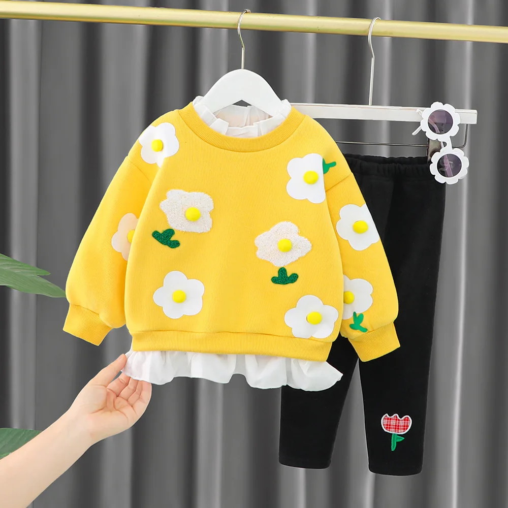 

LZH Girl Outfits 2023 Winter Toddler Girl Clothes Cute Print Plus Velvet Sweaters + Pants 2Pcs Suits For Children's Clothing Set
