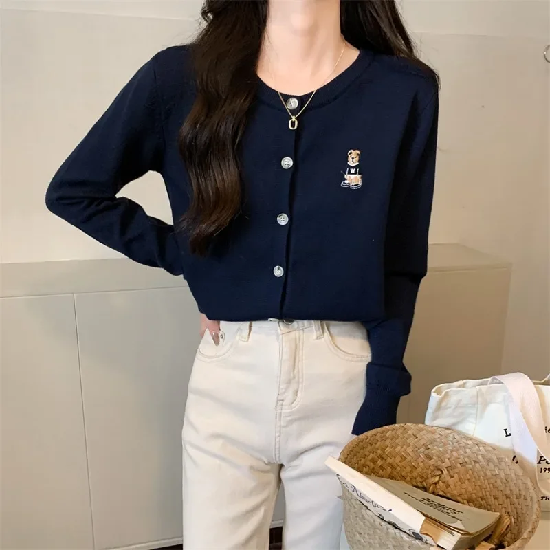 Spring Autumn Women's Knitted Cardigan Korean Single Breasted Long Sleeve Jumper Woman Chic Round Neck Cardigans Outwear