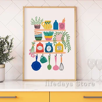 Pittura su tela Scaffali da cucina colorati Poster Frutta Ciliegia Fragola Tazze Caffè Tè Arte della parete per la decorazione della parete della stanza