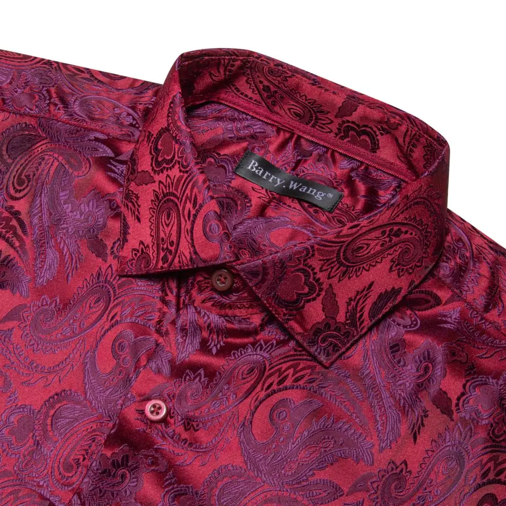 Luxury Shirts for Men Silk Red Burgunday Paisley Long Sleeve Slim Fit Male Blouses Turn Down Collar Tops Breathable Barry Wang