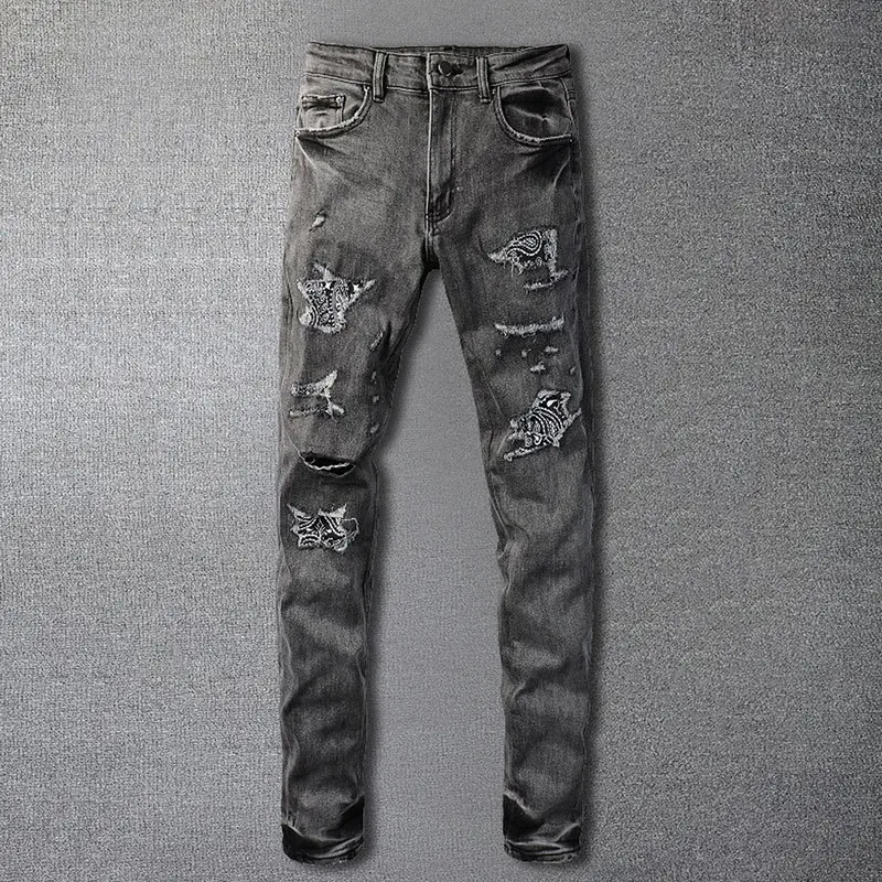 

Hip Hop Ripped Designer Bootcut Jean For Men Retro Cashew Flower Stitching Street Hole Jeans Men Motorcycle Pant Men Punk Jean