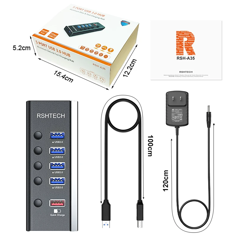 RSHTECH USB Hub 4 Port USB 3.0 Data Hubs 5Gbps Syncing Data Transfer Support Fast Charging Aluminum USB Splitter with Switches 6