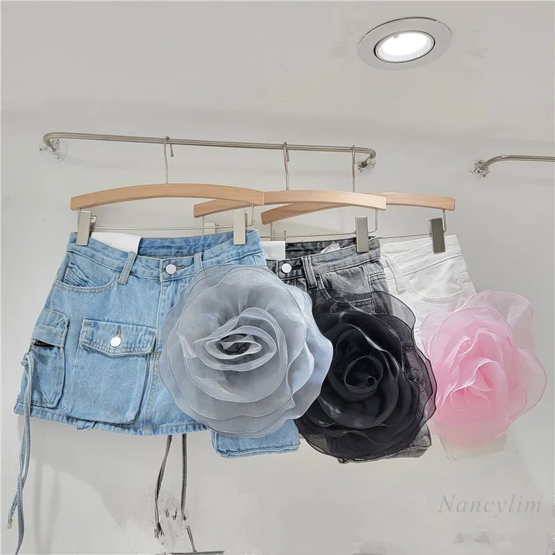 Pink Flower Pocket Design Tooling Denim Skirt Women's Trendy A- Line Slimming Irregular White Short Skirts Lady Streetwear vintage chinoiserie design pink