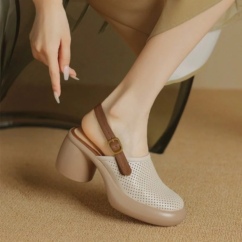 Women High Heels Baotou round heel sandals summer round head deep mouth line with soft sole anti-slip wear-resistant high heels