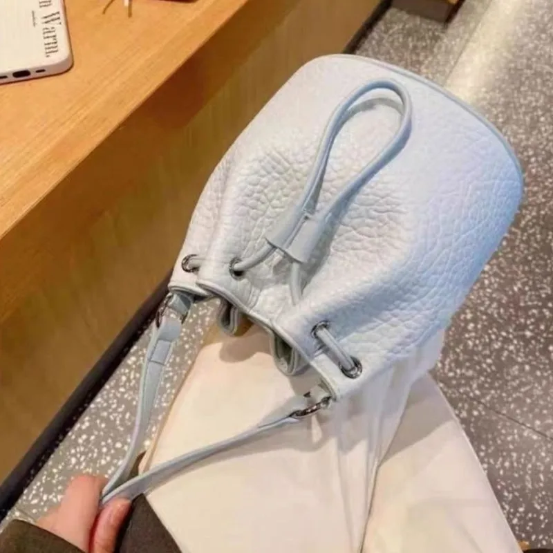 Sweet Cute Blue Drawstring Bucket Handbag Women Faux Lychee Pattern Leather Large Capacity Shoulder Bag Ladies Sle Crossbody Bag