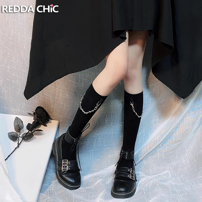 

ReddaChic Acubi Fashion Women Calf Socks with Metal Chain Lolita Goth Stockings Retro Black Knee Long Socks Grunge Y2k Clothing