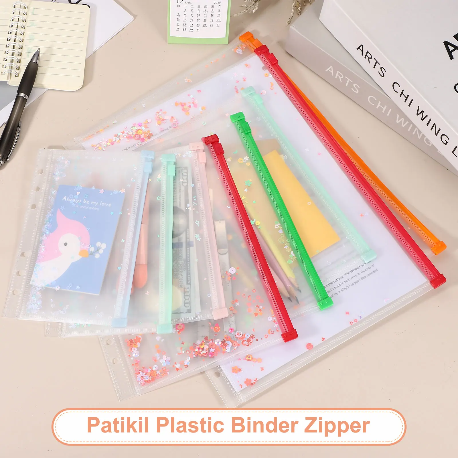 Clear Plastic A5 Zipper Binder Pockets With Sequin Filing Folders_voghion.com