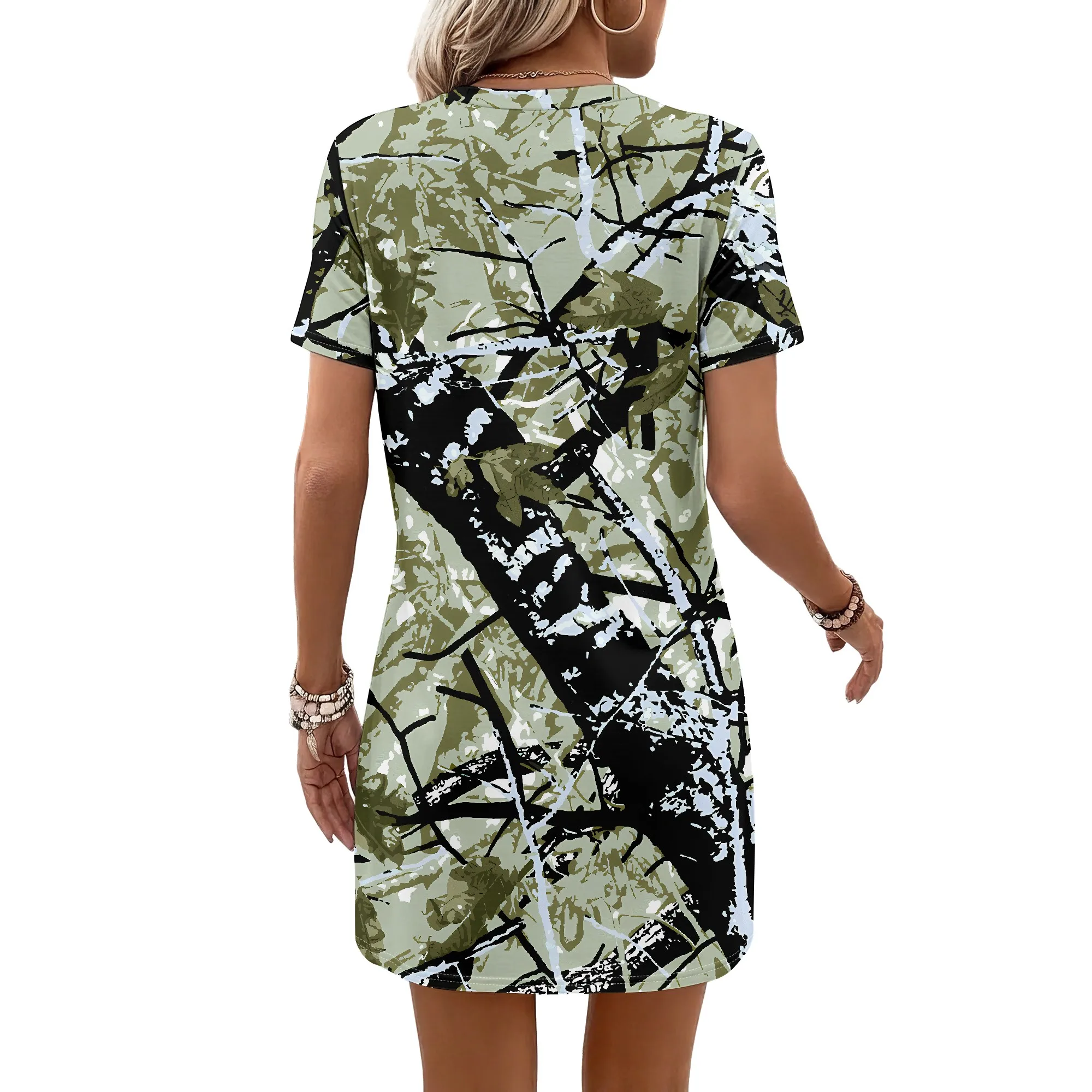 Abito a maniche corte con stampa mimetica astratta, top verde, tunica casual, mini abito estivo, abbigliamento per feste in spiaggia, S-2XL - immagine 3