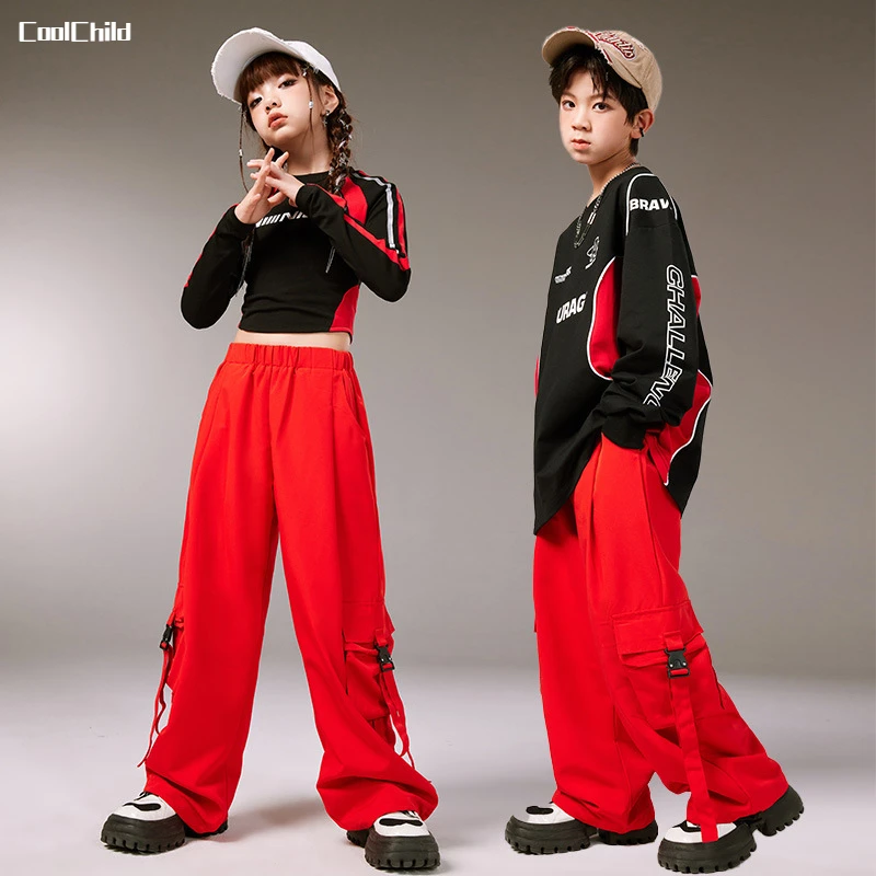 Girls Hip Hop Contrast Crop Top Red Cargo Pants Clothes Sets Boys Street Dance Sweatshirt Kids Jazz Costumes Children Streetwear