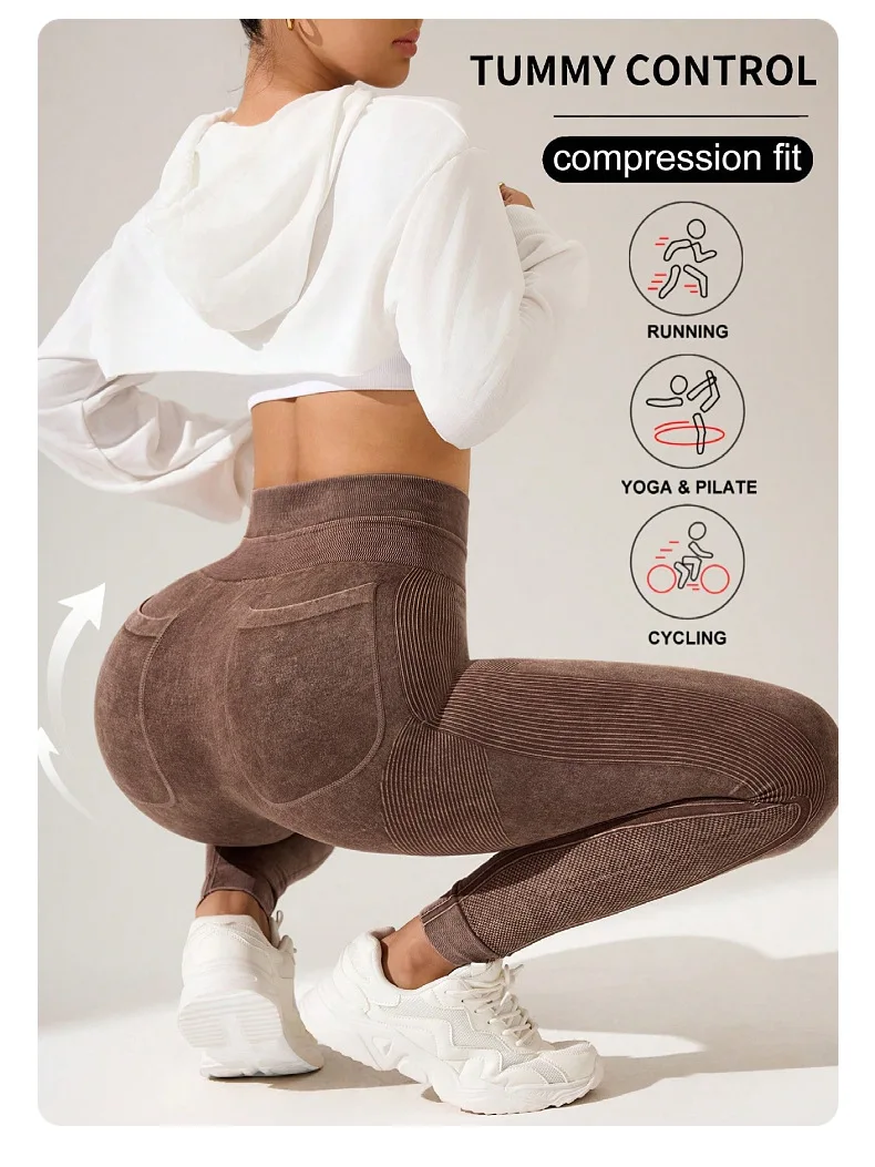Damen Yoga-Leggings mit hoher Taille und Taschen, gewaschene, strukturierte, schnell trocknende, modische Hosen für Outdoor-Laufen, Fitness und Sport – Detail 18