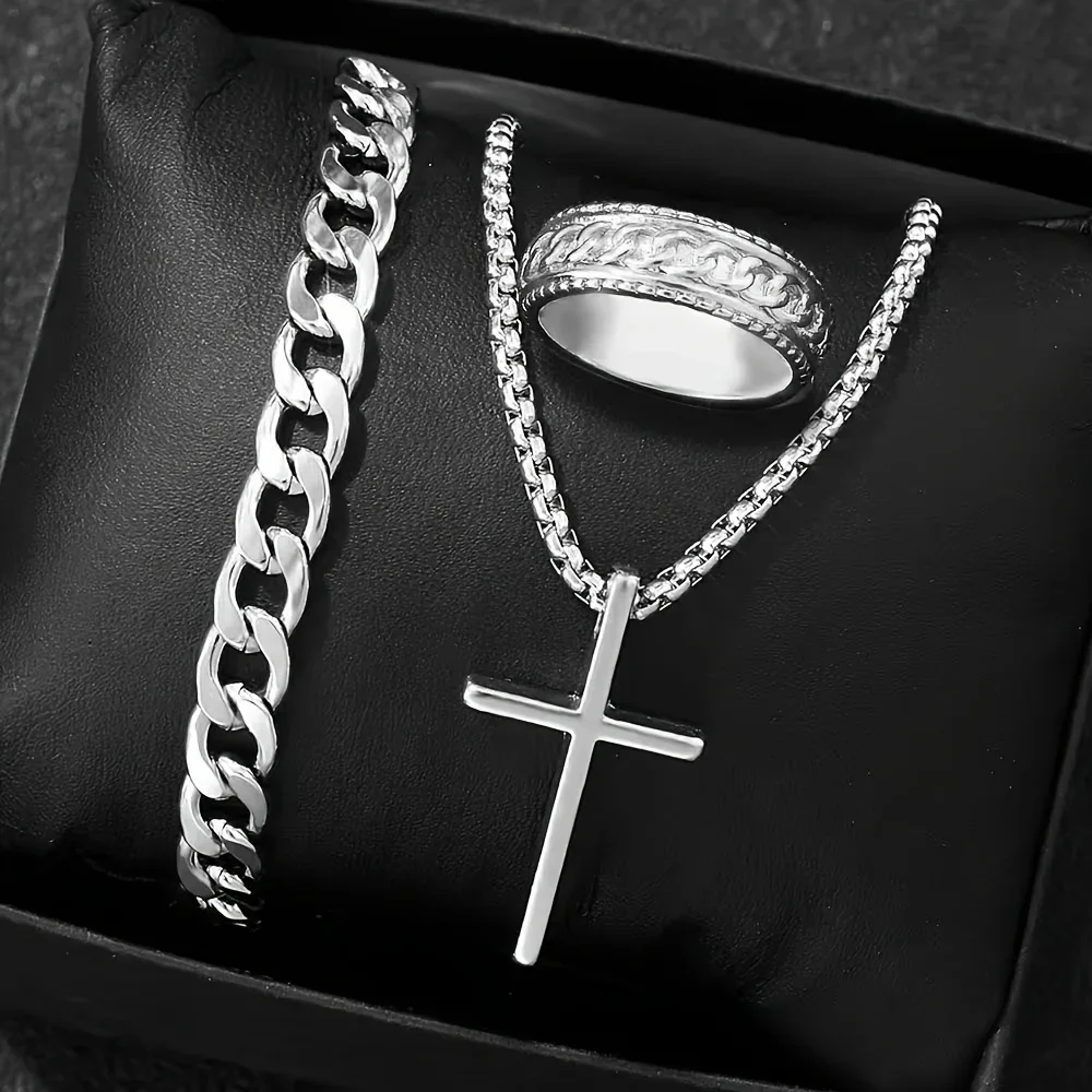 3pcs Stainless Steel Cuban Chain Bracelet Necklace Ring Set for Men