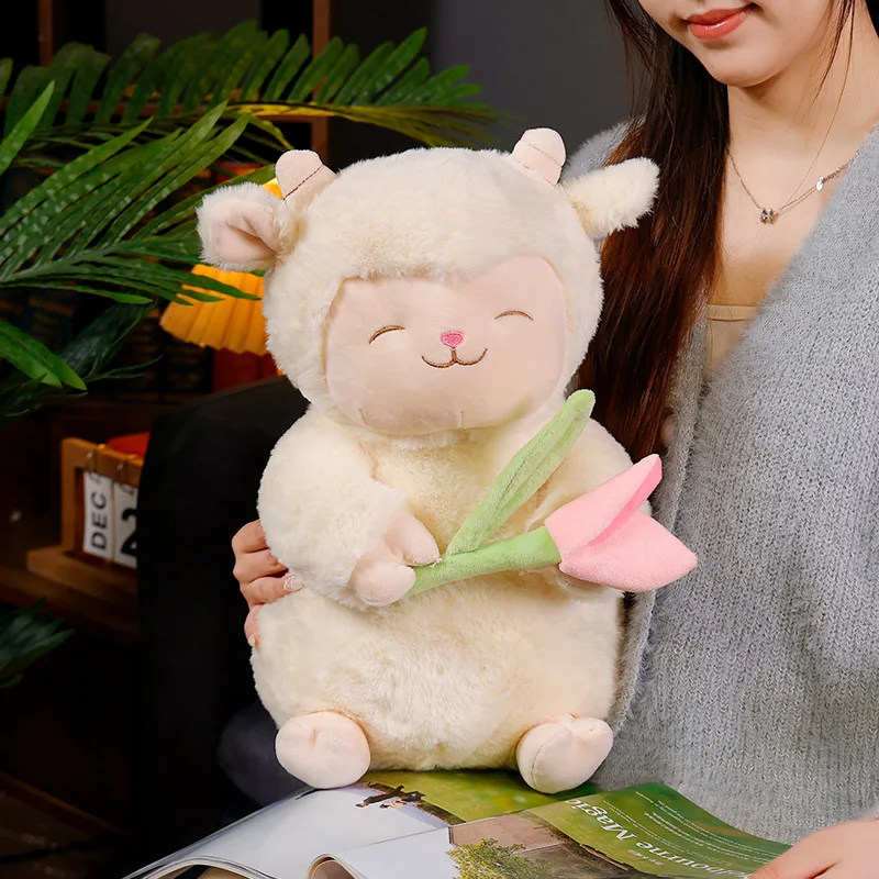 New Kawaii Sweet White Sheep Lam Hold Tulip Flower Plush Doll Soft Stuffed Lamb With Plushie Toy Cute Gift For Kid Birthday