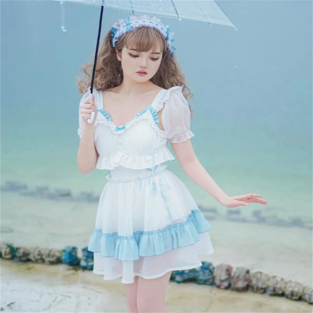 

Mint Wave Two Tone Swimsuit Bra Pad Overskirt Bow Stretch Fabric Cute Sexy Beach Seaside Vacation Lolita Dress Style Swimsuit