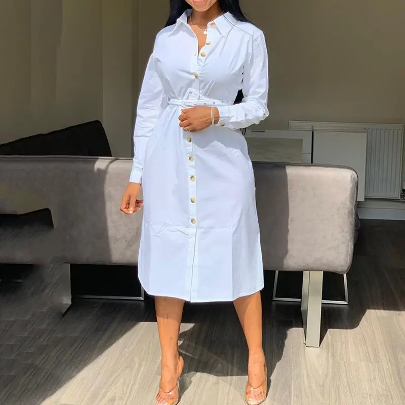 

Fashion White Shirt Dress Elegant Office Ladies Long Sleeve Loose Plain Turn Down Collar Female Solid Midi Dress Summer Spring