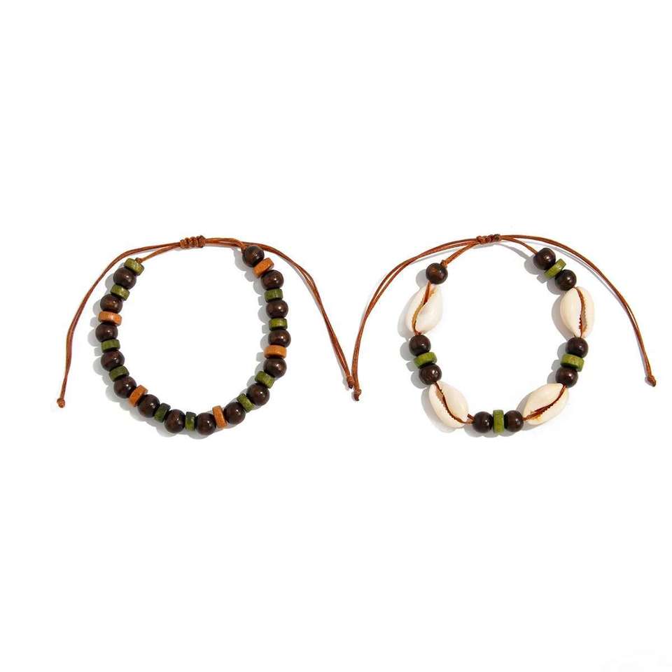 Ingemark 2Pcs/Set Unique Trendy Brown Wooden Bead Bracelet for Men Vintage Ethnic Adjustable Rope Chain Bangles Charm Jewelry