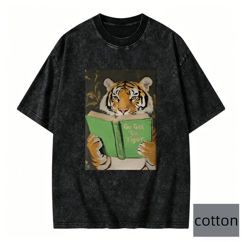 Koreanischer Vintage-Stil Gewaschenes Kurzarm-T-Shirt mit Go Get Em Tiger Grafik-Print für Männer und Frauen, Locker Sitzend, Streetwear, Lässiges Oberteil