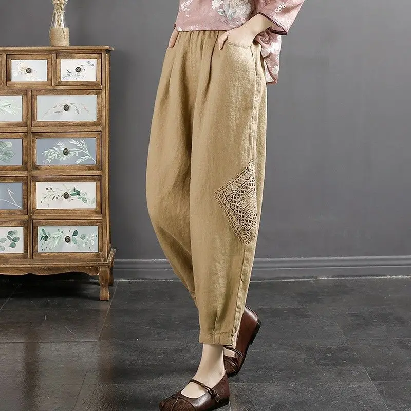Elegant Fashion Harajuku Slim Fit Female Clothes Loose Casual Sport All Match Cropped Pants High Waist Cotton Linen Trousers