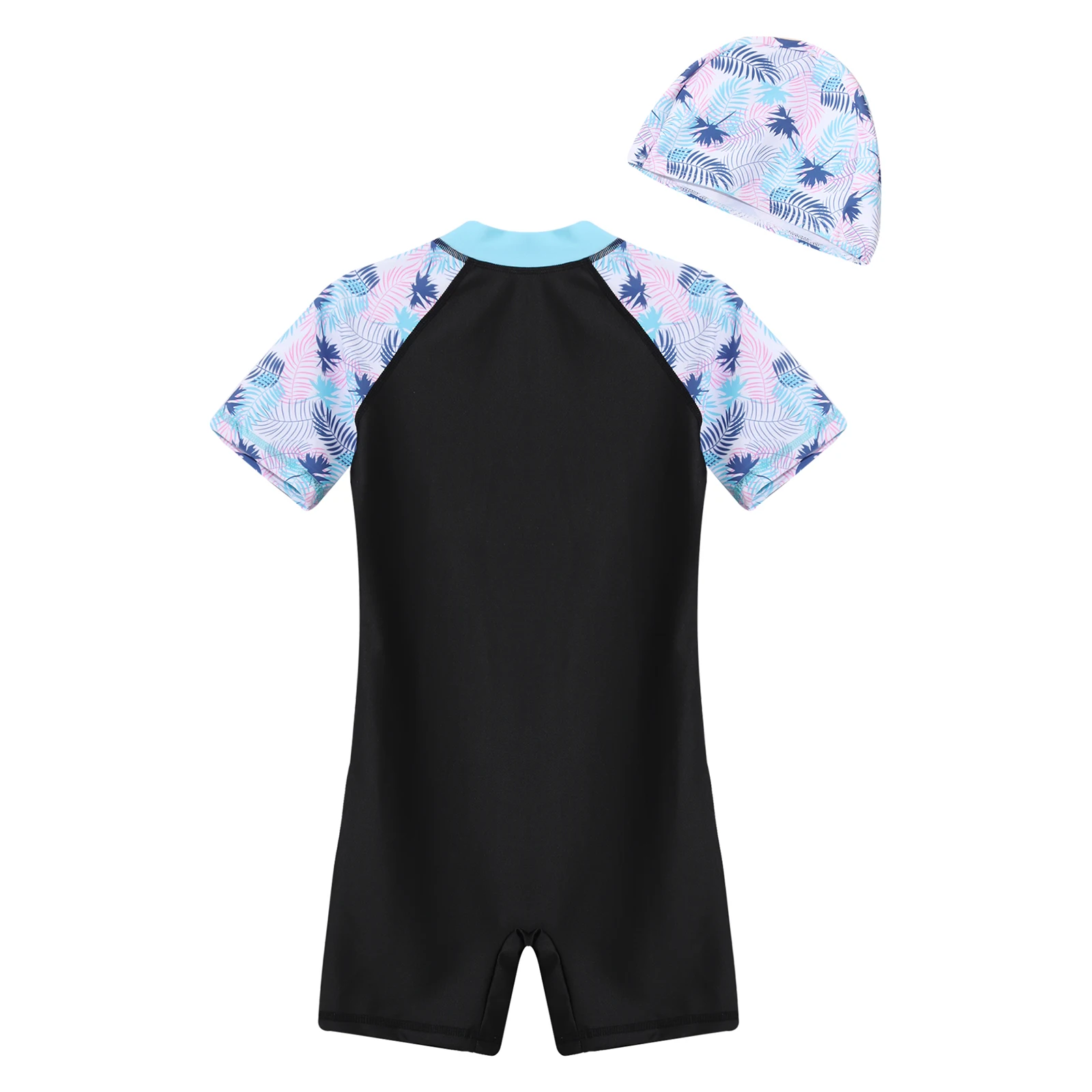 Kids Girls One-piece Print Swimsuit Hat Front Zipper Jumpsuit Athletic Boyshort Swimswear Pool Beach Swimming Bathing Suit children swimsuit