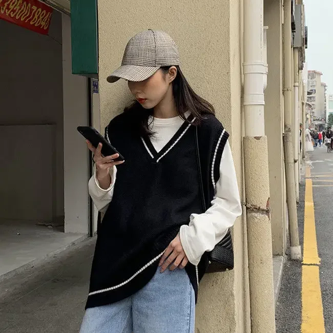 

Preppy Style Patchwork V-Neck Sweater Vest Loose Pullover Sleeveless Vests Student Korean Fashion Sweater Oversize Female Vest