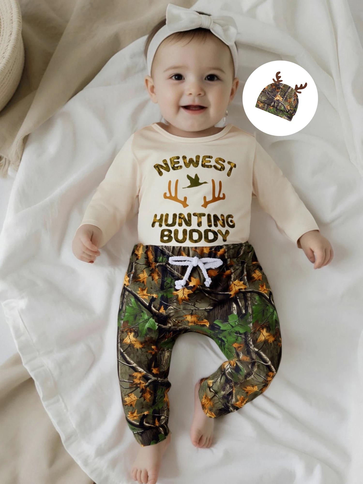 FOCUSNORM 3-teiliges Western-Baby-Jungen-Kleidungsset, 0–18 Monate, langärmelig, Rundhalsausschnitt, Buchstaben-Druck, Strampler mit Blättern, Hosen, Hut, Outfit – Detail 5